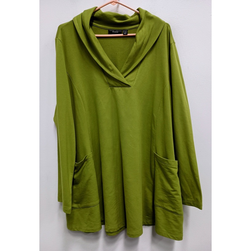 Susan Graver Weekend Tunic Top Womens 1X Green Long Sleeve Shawl Collar Pockets